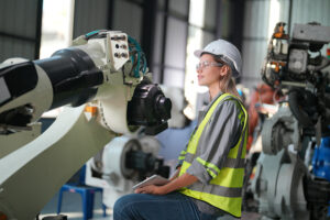 Robotic Arm engineer check on equipment in its with software of an Artificial Intelligence